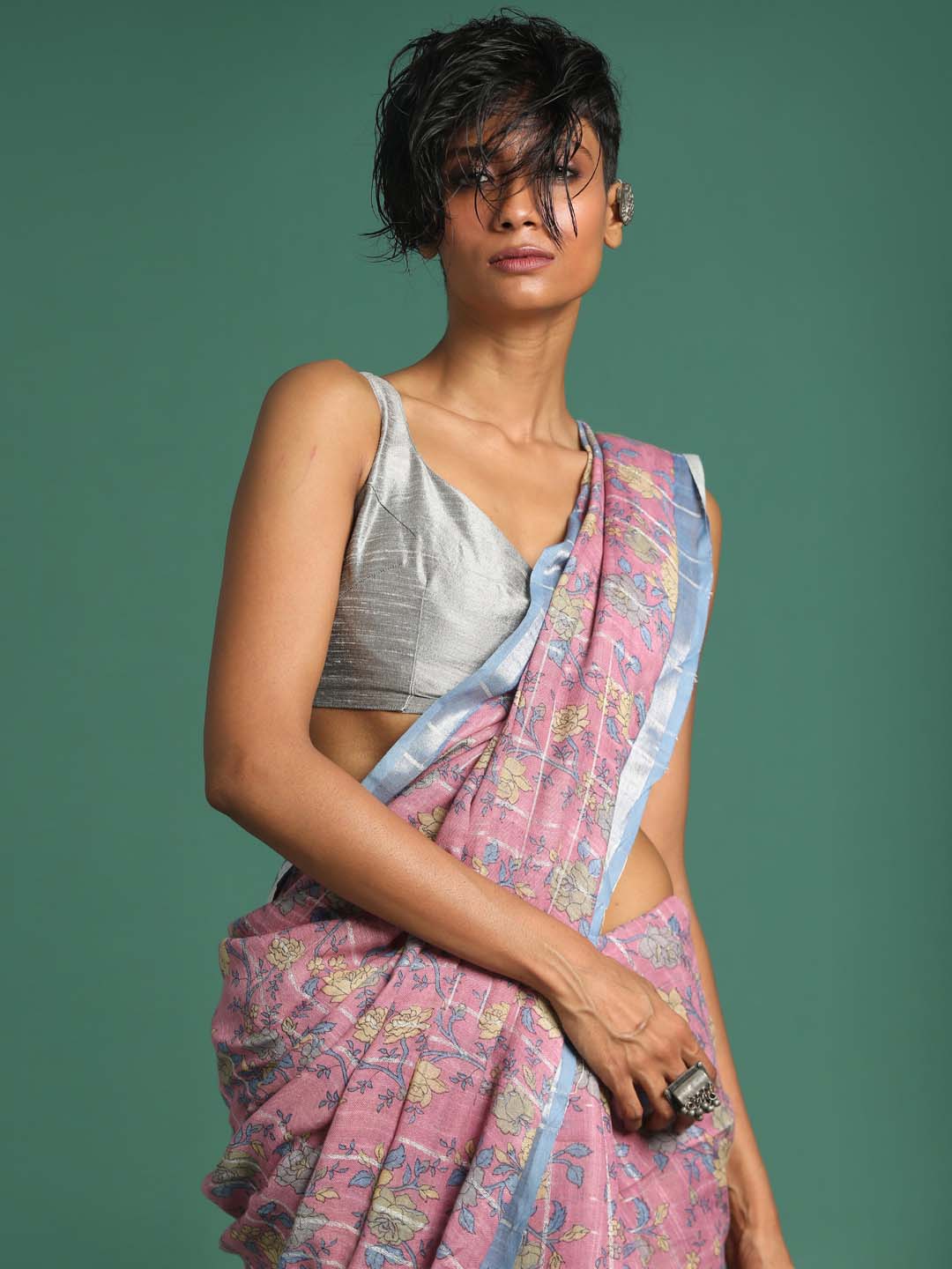 Indethnic Pink Liva Printed Saree - View 1