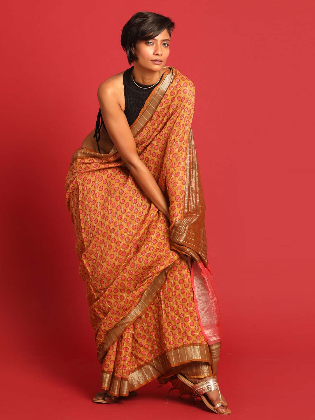 Indethnic Yellow Liva Printed Saree - View 2