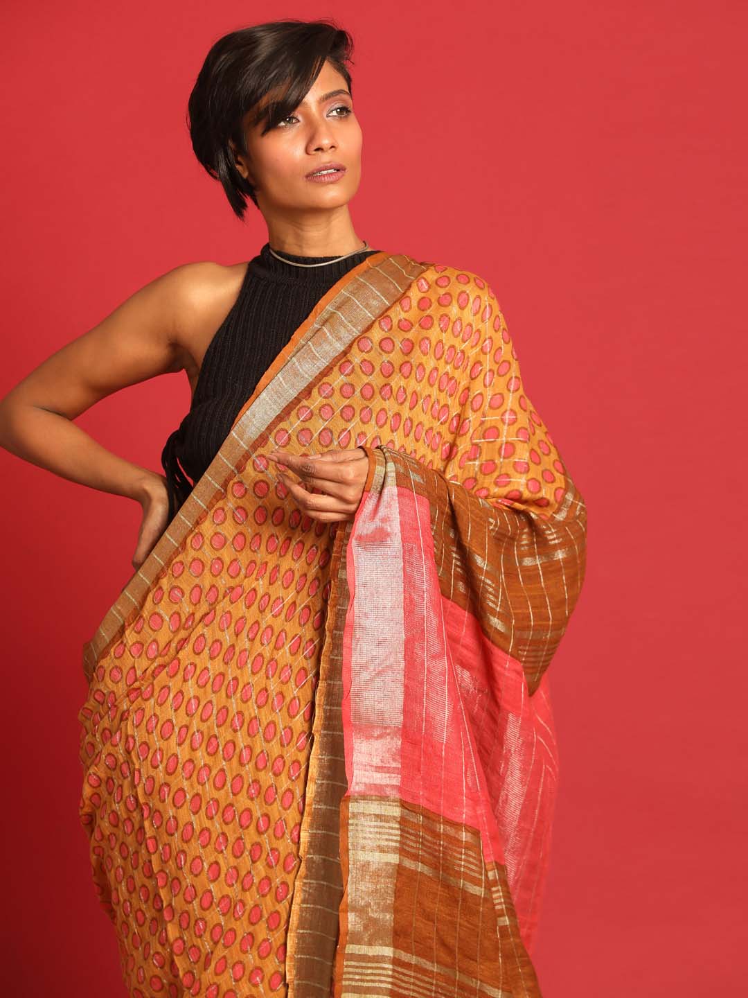 Indethnic Yellow Liva Printed Saree - View 1