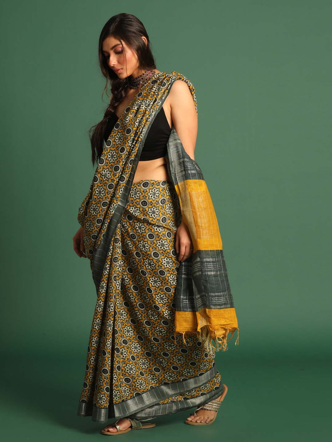 Indethnic Yellow Liva Printed Saree - View 2