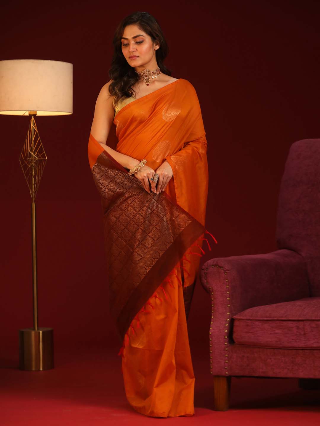 Indethnic Orange Pochampally Kora Silk by Cotton Saree - View 1