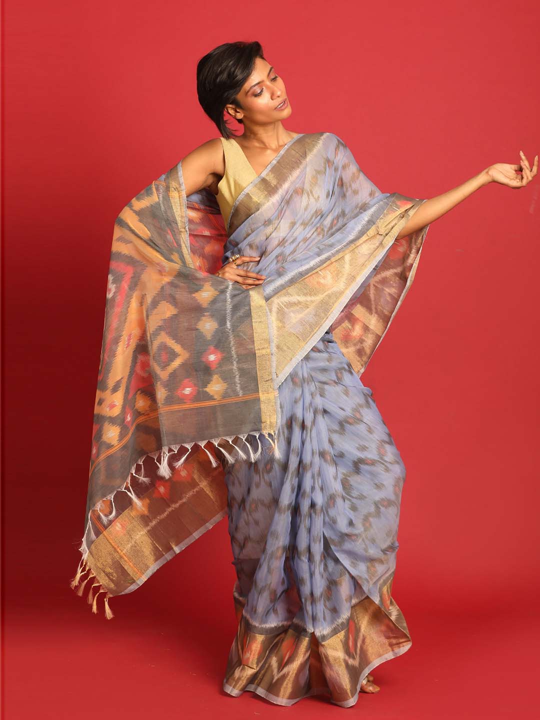 Indethnic Grey Pochampally Ikkat Saree - View 1
