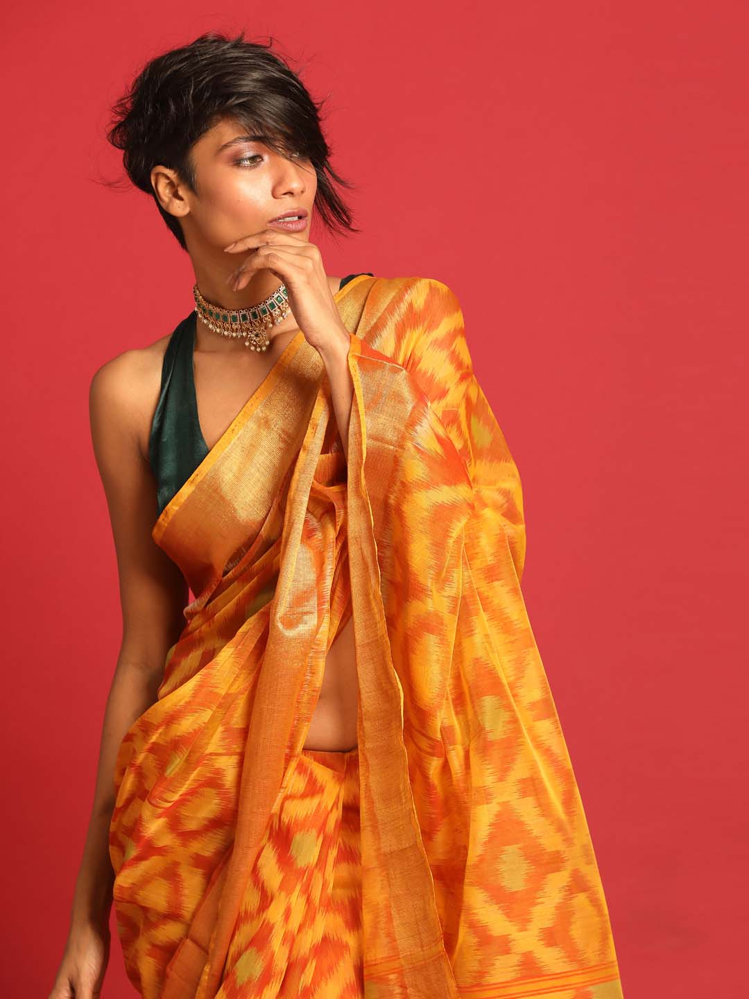 Indethnic Orange Pochampally Ikkat Saree - View 2