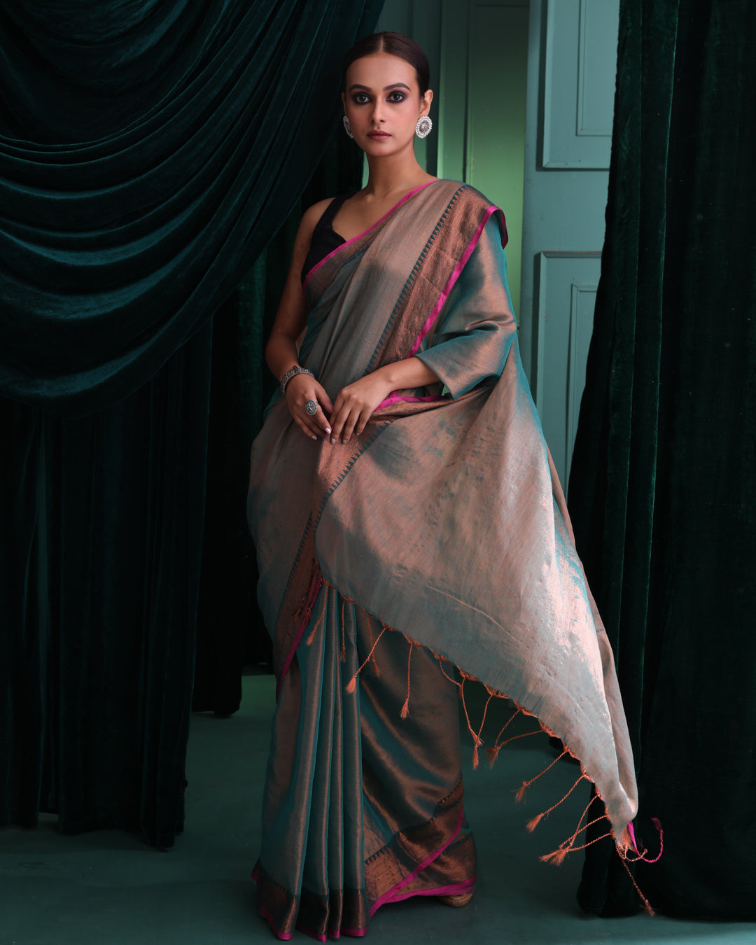 TEAL TWILIGHT (HANDLOOM COTTON BLEND SAREE)