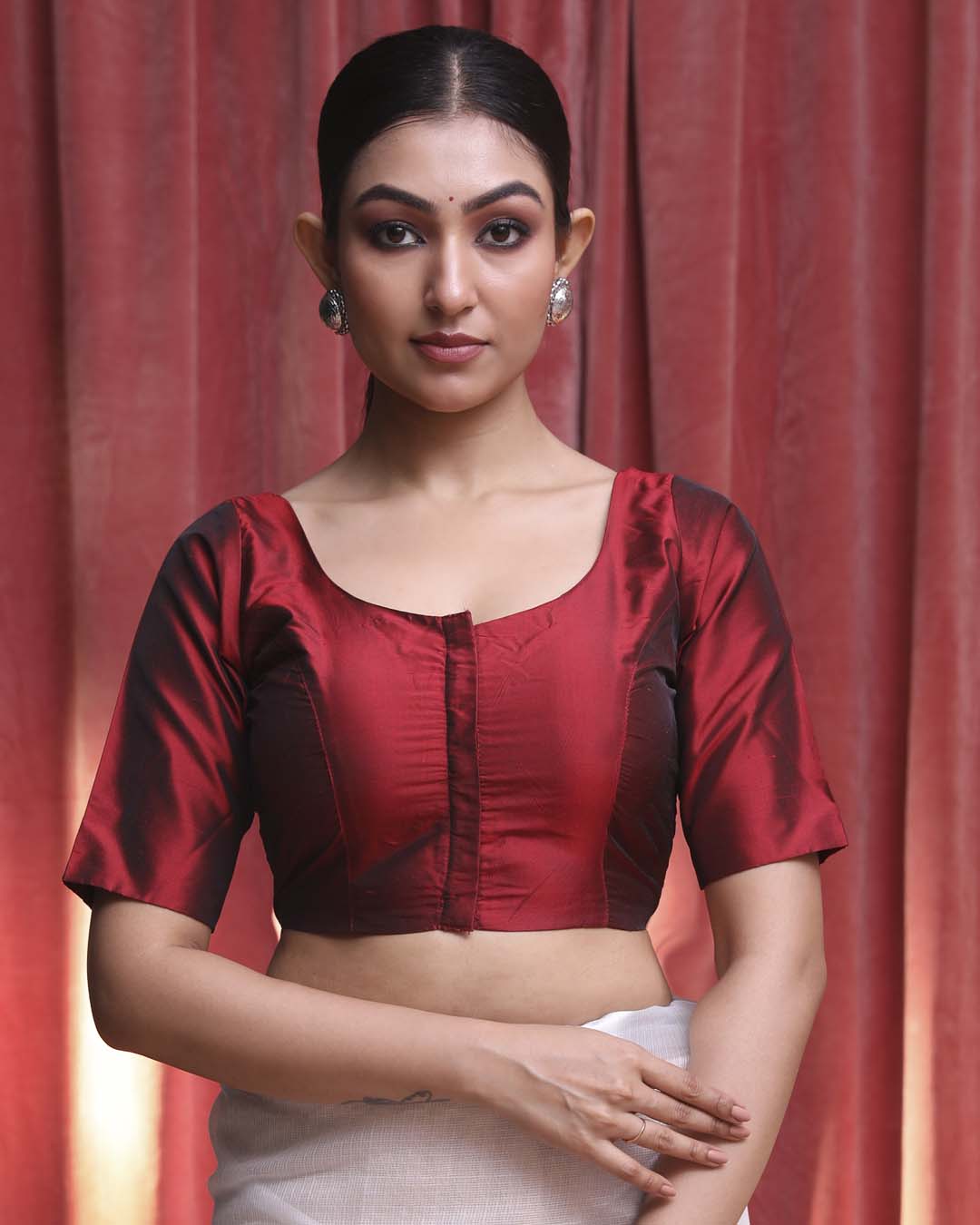 Indethnic Maroon Daily Wear U-Neck Short Sleeves Blouse(DESIGNER SAREE BLOUSE)