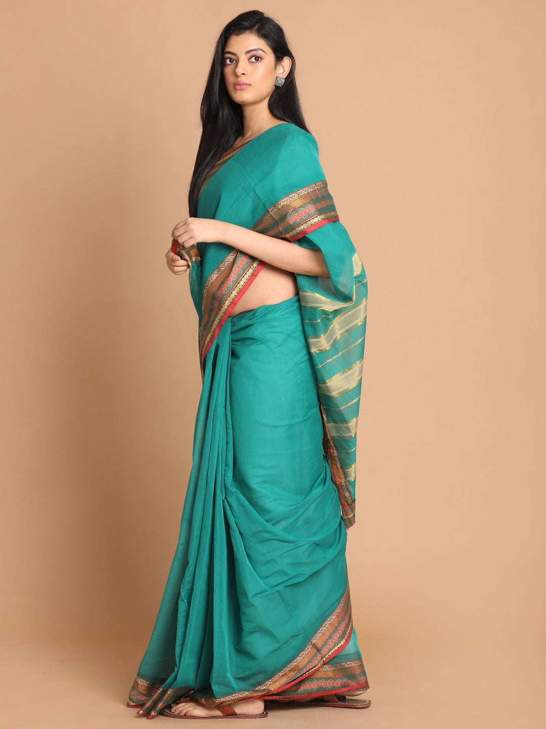 Indethnic Green Pure Cotton Solid Saree - View 2
