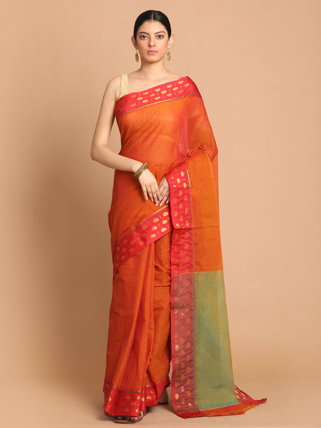 Indethnic Rust Pure Cotton Solid Saree - View 1