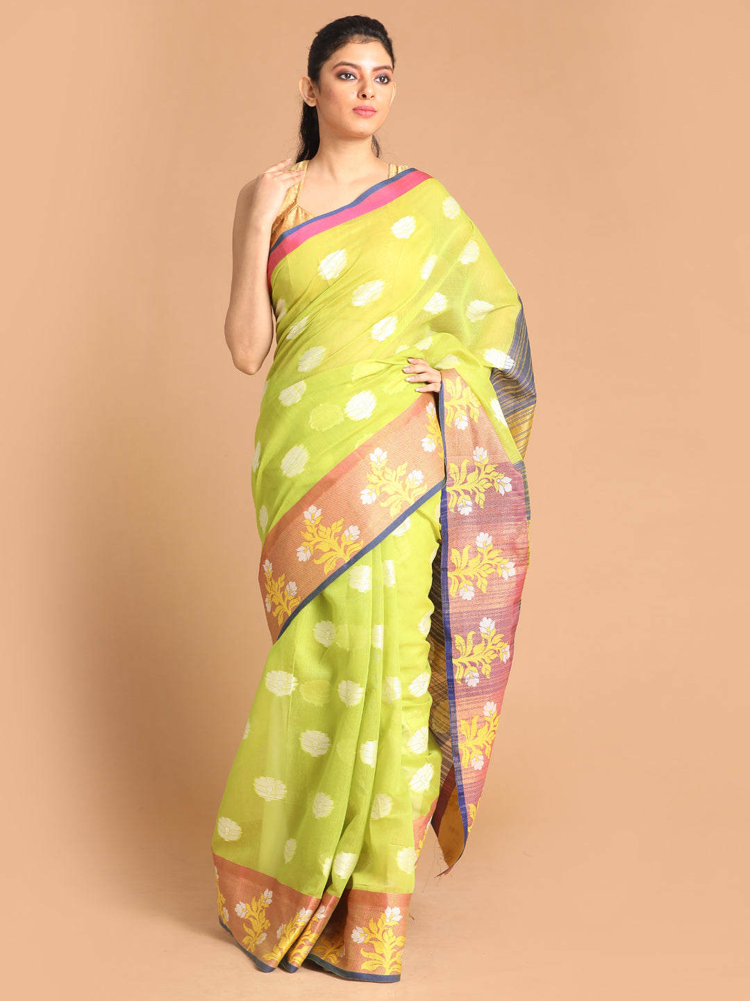Indethnic Lime Green Woven Design Saree - View 1