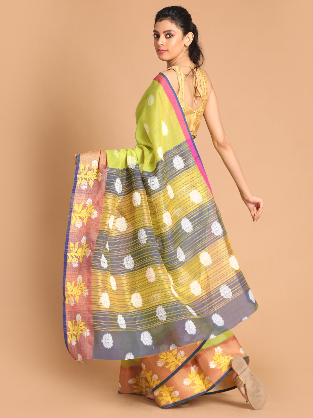 Indethnic Lime Green Woven Design Saree - View 3