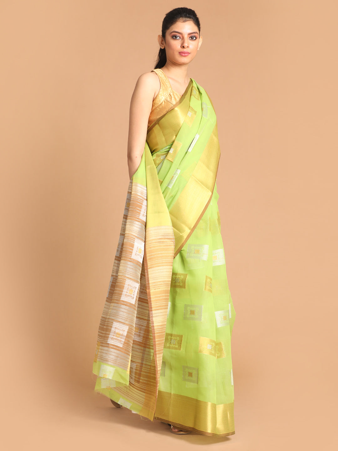 Indethnic Lime Green Woven Design Saree - View 2