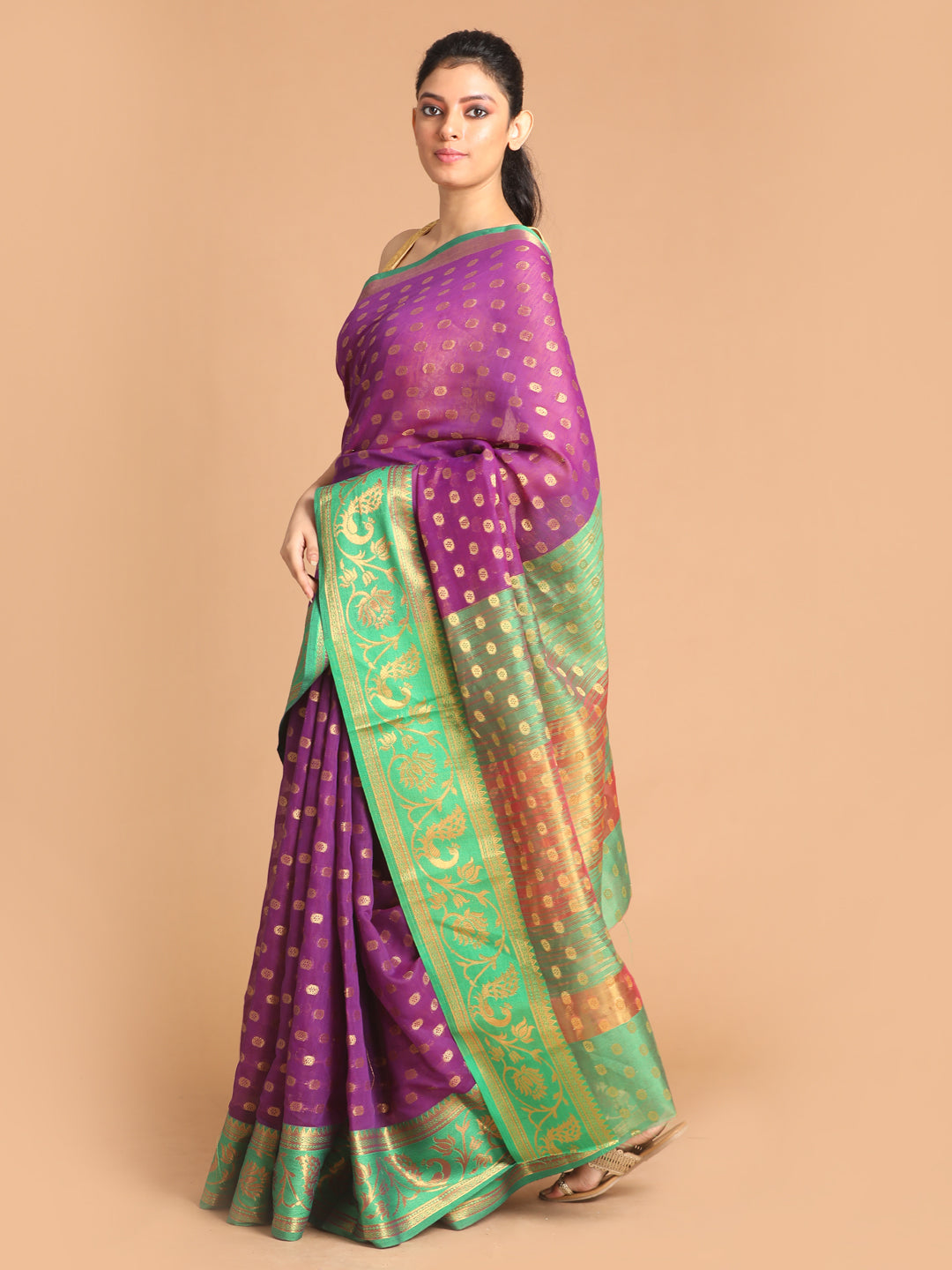 Indethnic Purple Woven Design Saree - View 2