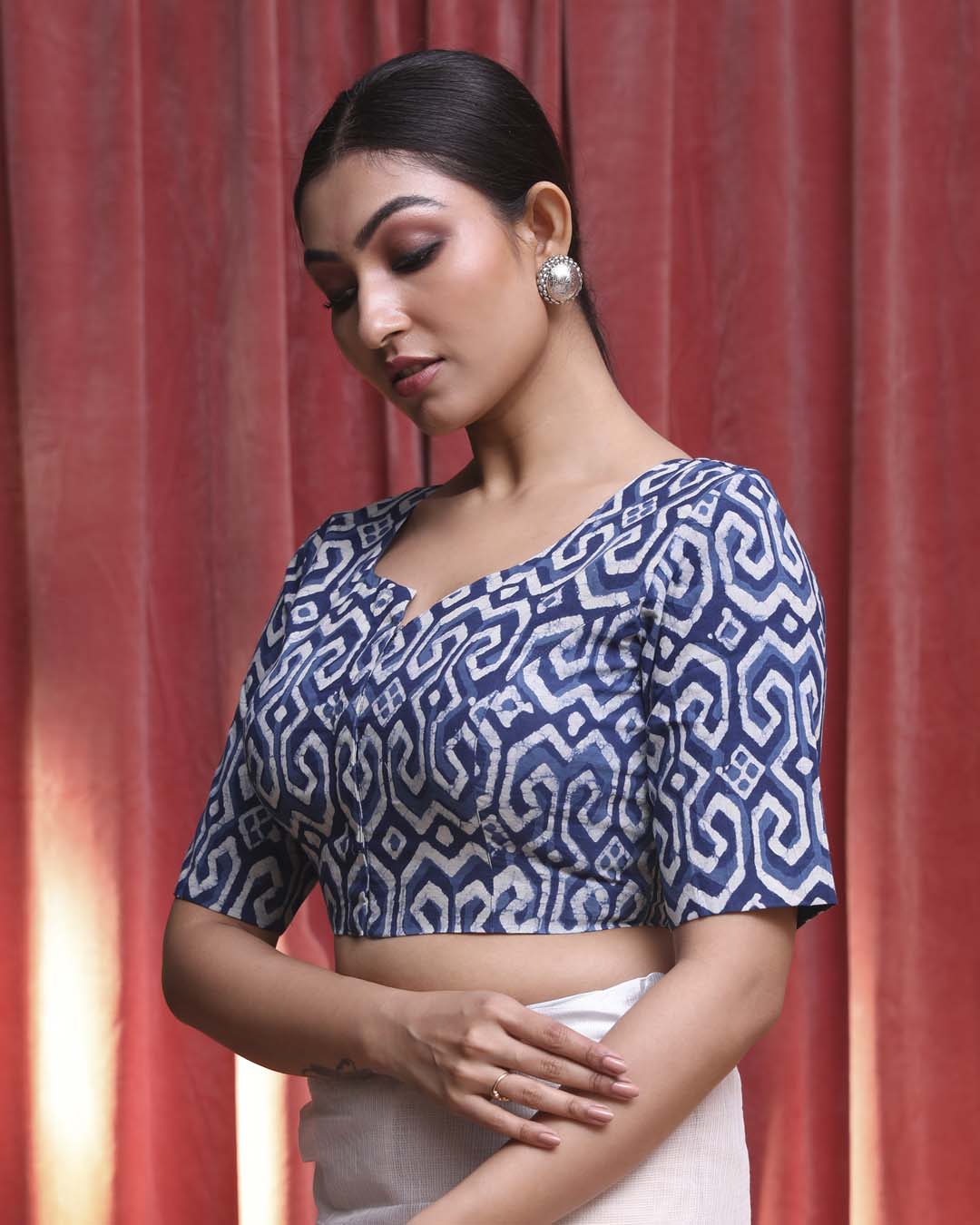 Indethnic Blue Work  Wear U-Neck Short Sleeves Blouse(DESIGNER  SAREE BLOUSE)