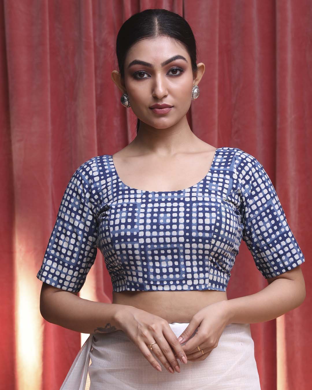 Indethnic Blue Work  Wear U-Neck Short Sleeves Blouse(DESIGNER  SAREE BLOUSE)