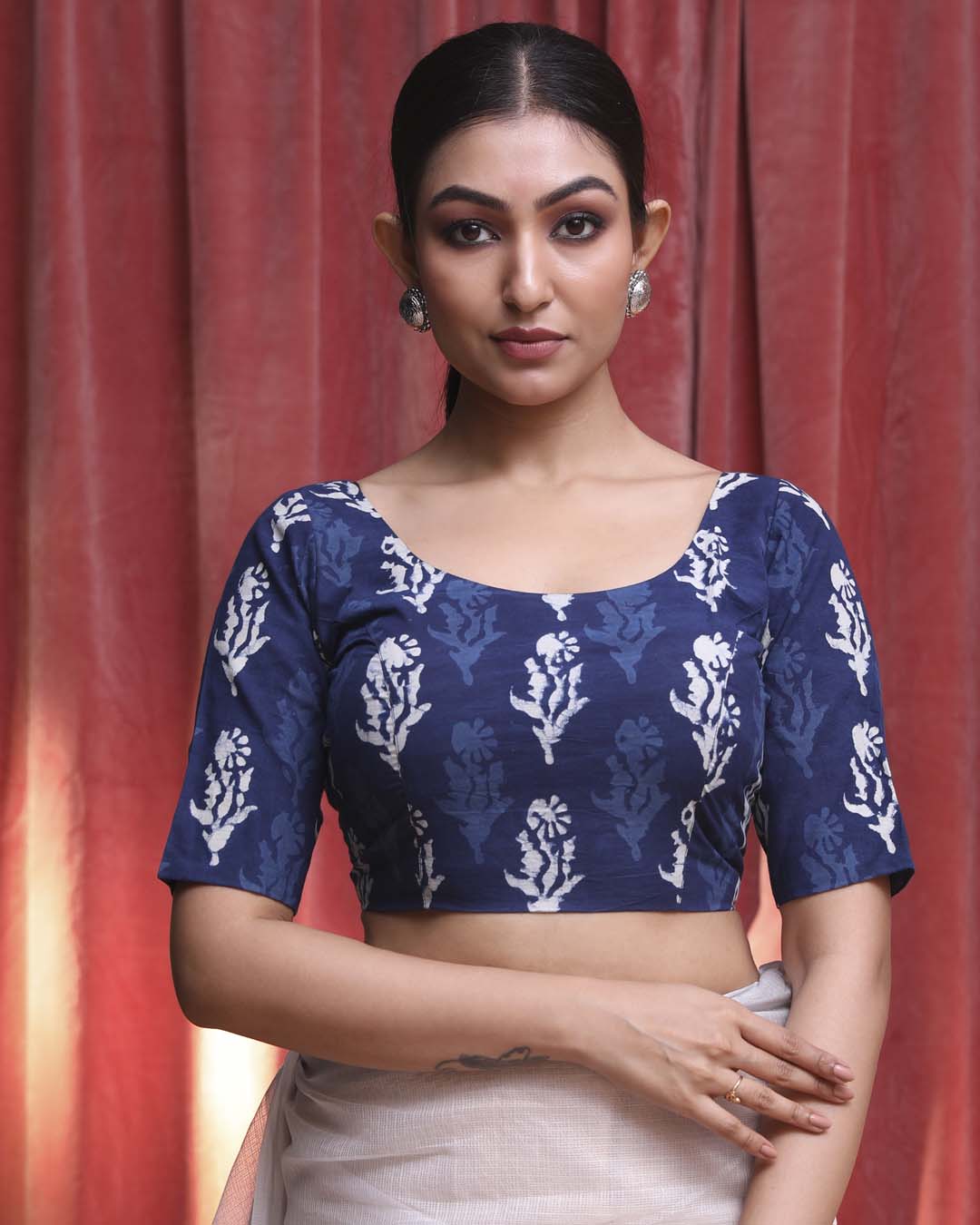 Indethnic Blue Work  Wear U-Neck Short Sleeves Blouse(DESIGNER  SAREE BLOUSE)