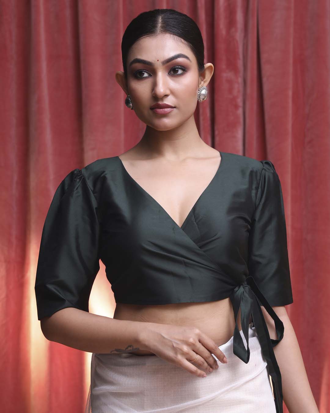 Indethnic Green Daily  Wear V-Neck Short Sleeves Blouse(DESIGNER  SAREE BLOUSE)