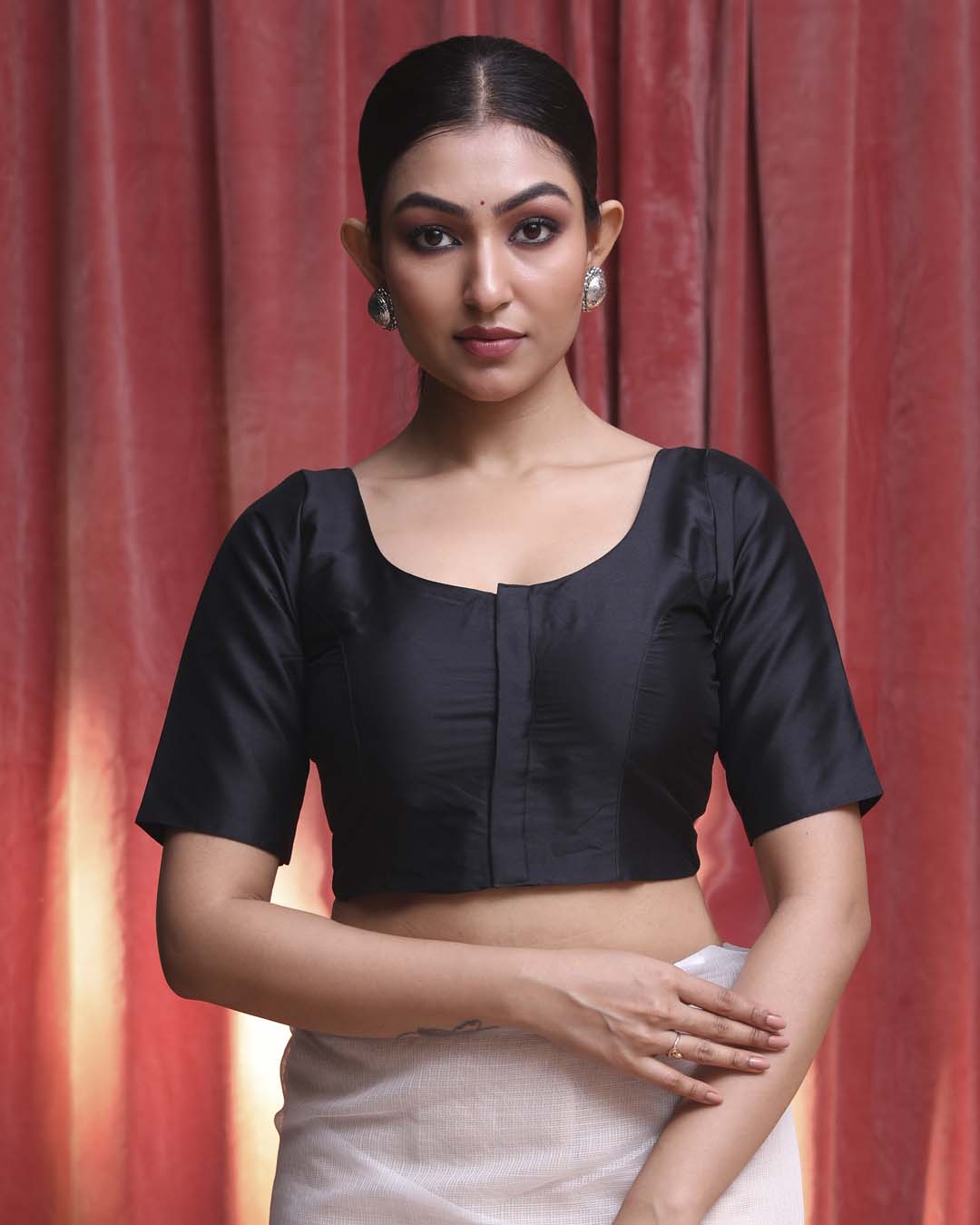 Indethnic Black Daily  Wear U-Neck Short Sleeves Blouse(DESIGNER  SAREE BLOUSE)