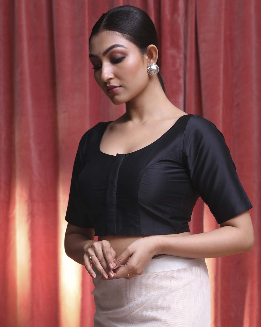 Indethnic Black Daily  Wear U-Neck Short Sleeves Blouse(DESIGNER  SAREE BLOUSE)