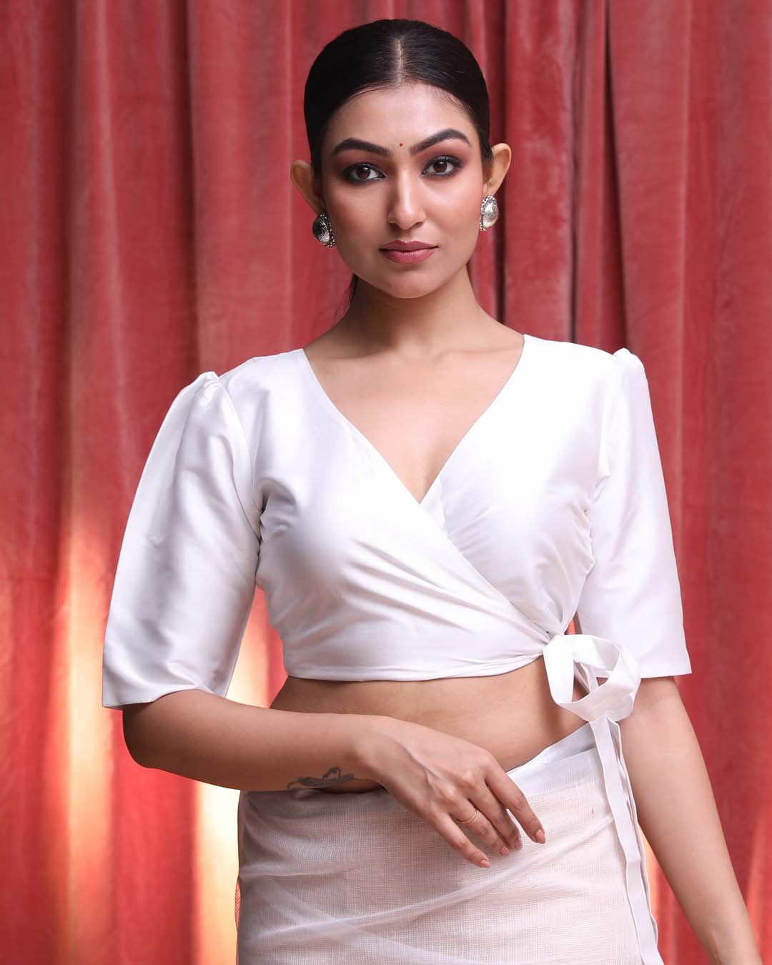 Indethnic White Daily  Wear V-Neck Short Sleeves Blouse(DESIGNER  SAREE BLOUSE)