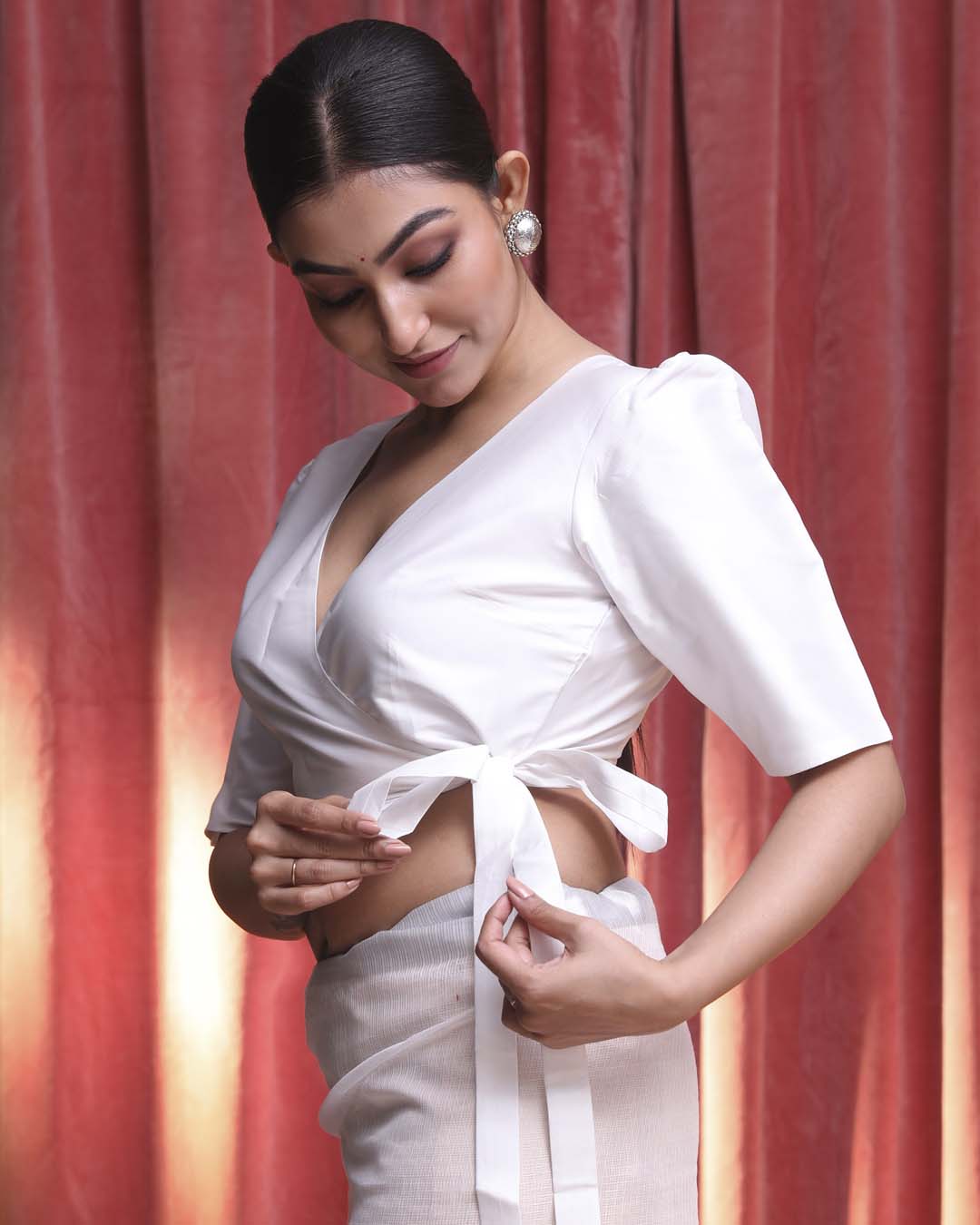 Indethnic White Daily  Wear V-Neck Short Sleeves Blouse(DESIGNER  SAREE BLOUSE)