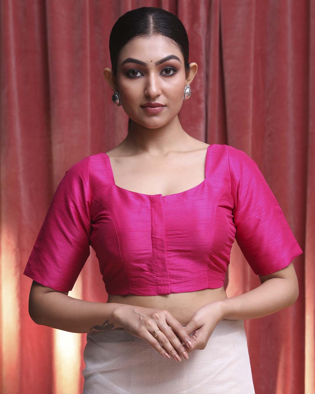 Indethnic Pink Work  Wear U-Neck Short Sleeves Blouse(DESIGNER  SAREE BLOUSE)