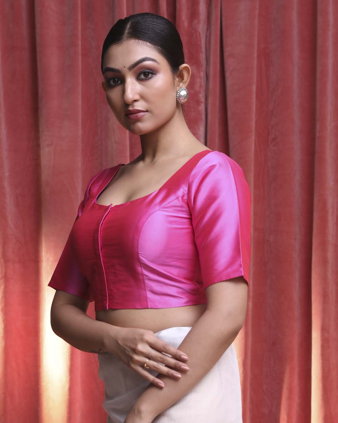 Indethnic Pink Daily Wear Square Neck Short Sleeves Blouse(DESIGNER  SAREE BLOUSE)