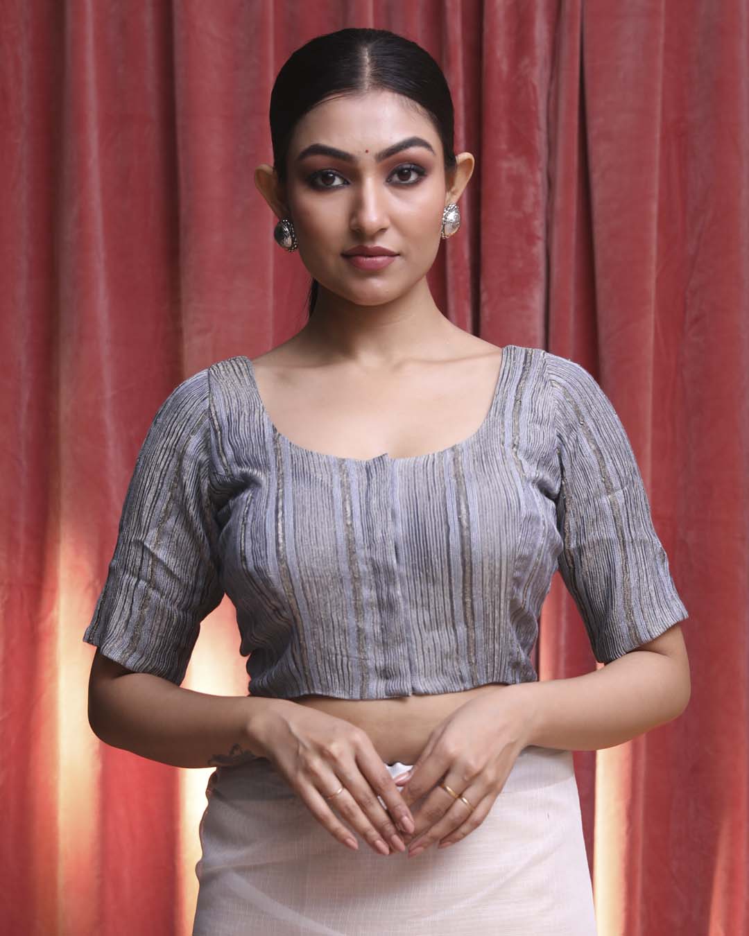 Indethnic Grey Festive  Wear U-Neck Short Sleeves Blouse(DESIGNER  SAREE BLOUSE)