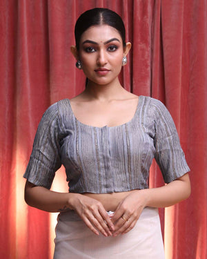 Indethnic Grey Festive  Wear U-Neck Short Sleeves Blouse(DESIGNER  SAREE BLOUSE)