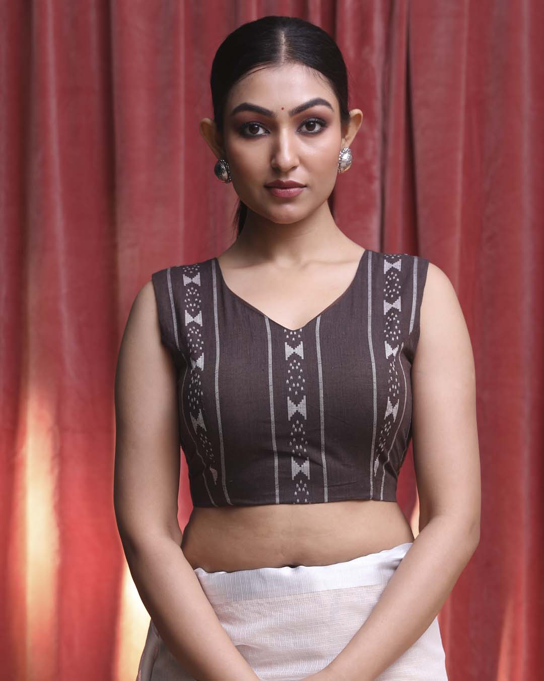 Indethnic Brown Work  Wear V-Neck Sleeveless Blouse(DESIGNER  SAREE BLOUSE)