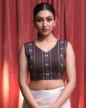 Indethnic Brown Work  Wear V-Neck Sleeveless Blouse(DESIGNER  SAREE BLOUSE)