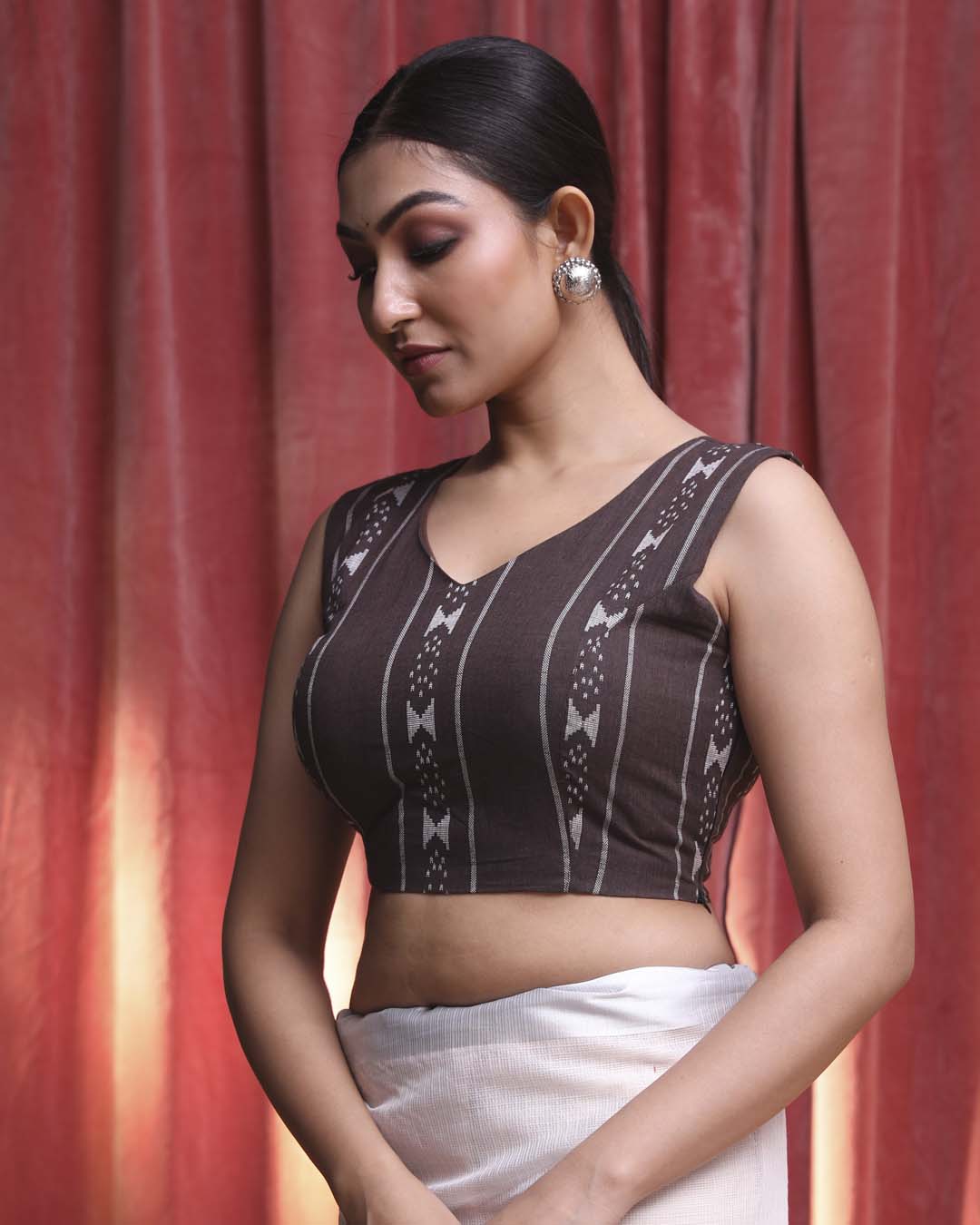 Indethnic Brown Work  Wear V-Neck Sleeveless Blouse(DESIGNER  SAREE BLOUSE)