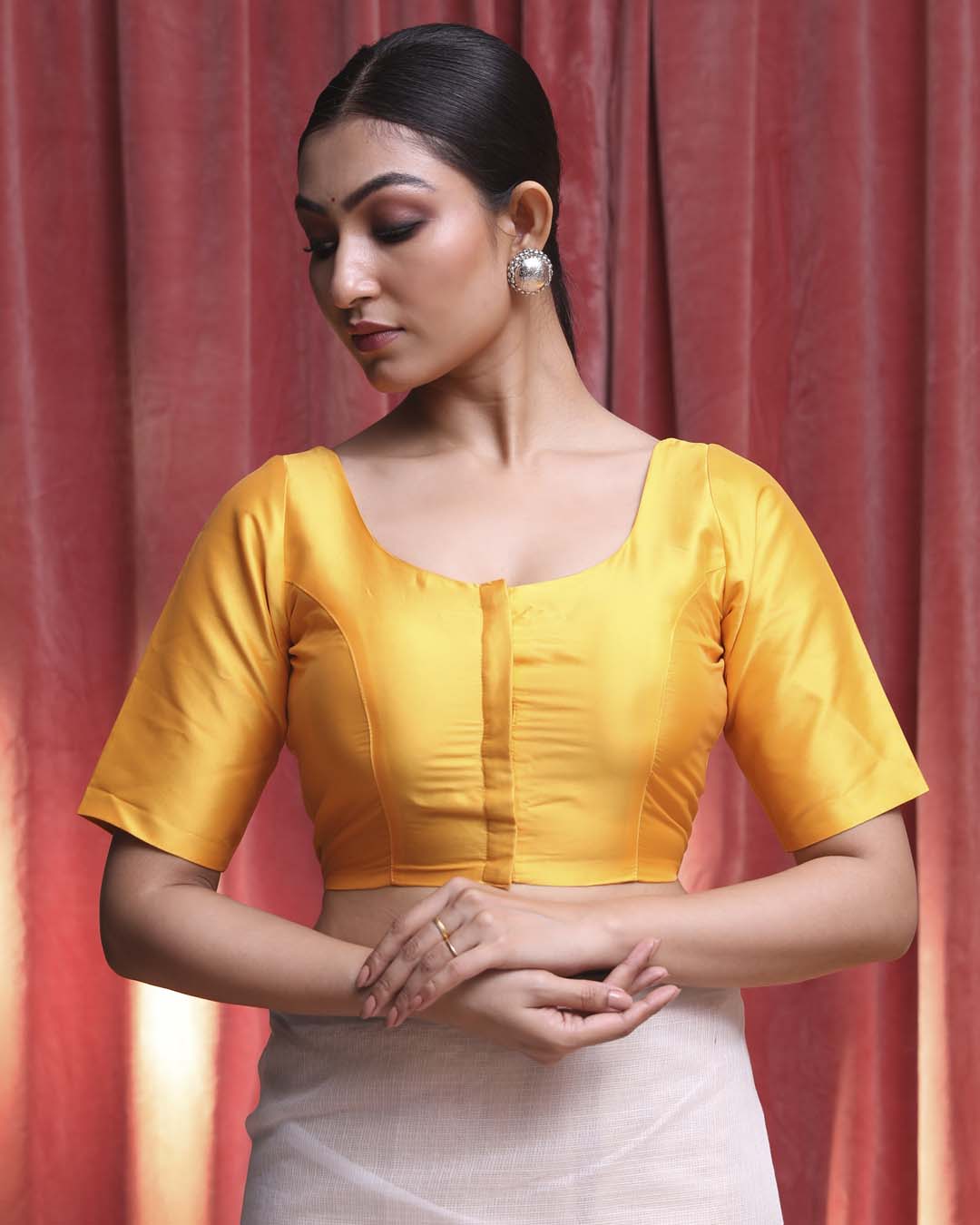Indethnic Yellow Daily  Wear U-Neck Short Sleeves Blouse(DESIGNER  SAREE BLOUSE)