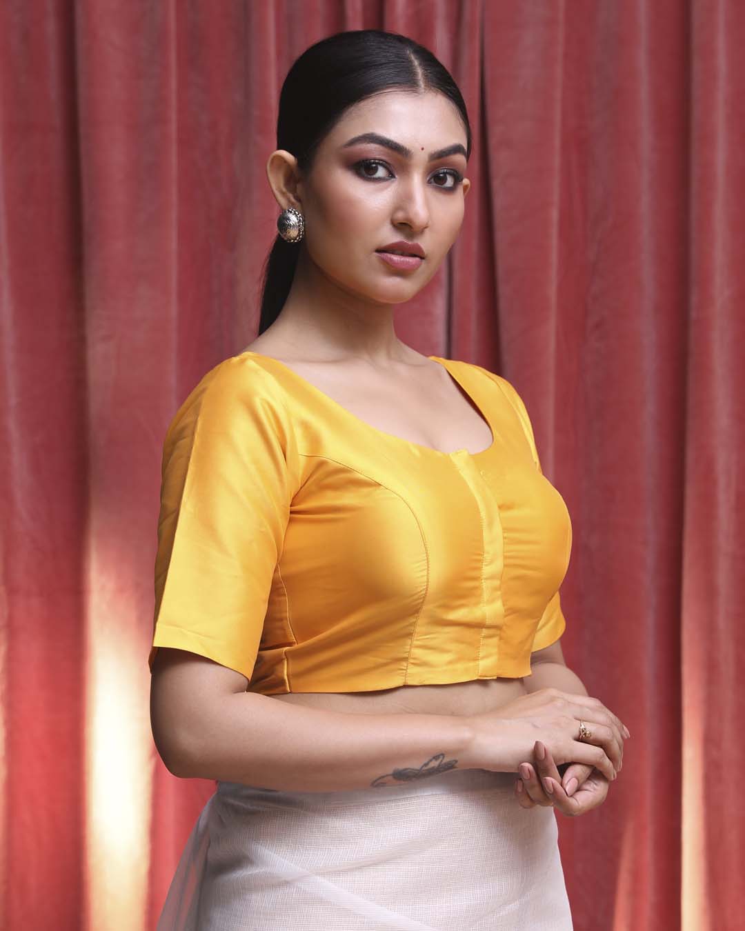 Indethnic Yellow Daily  Wear U-Neck Short Sleeves Blouse(DESIGNER  SAREE BLOUSE)