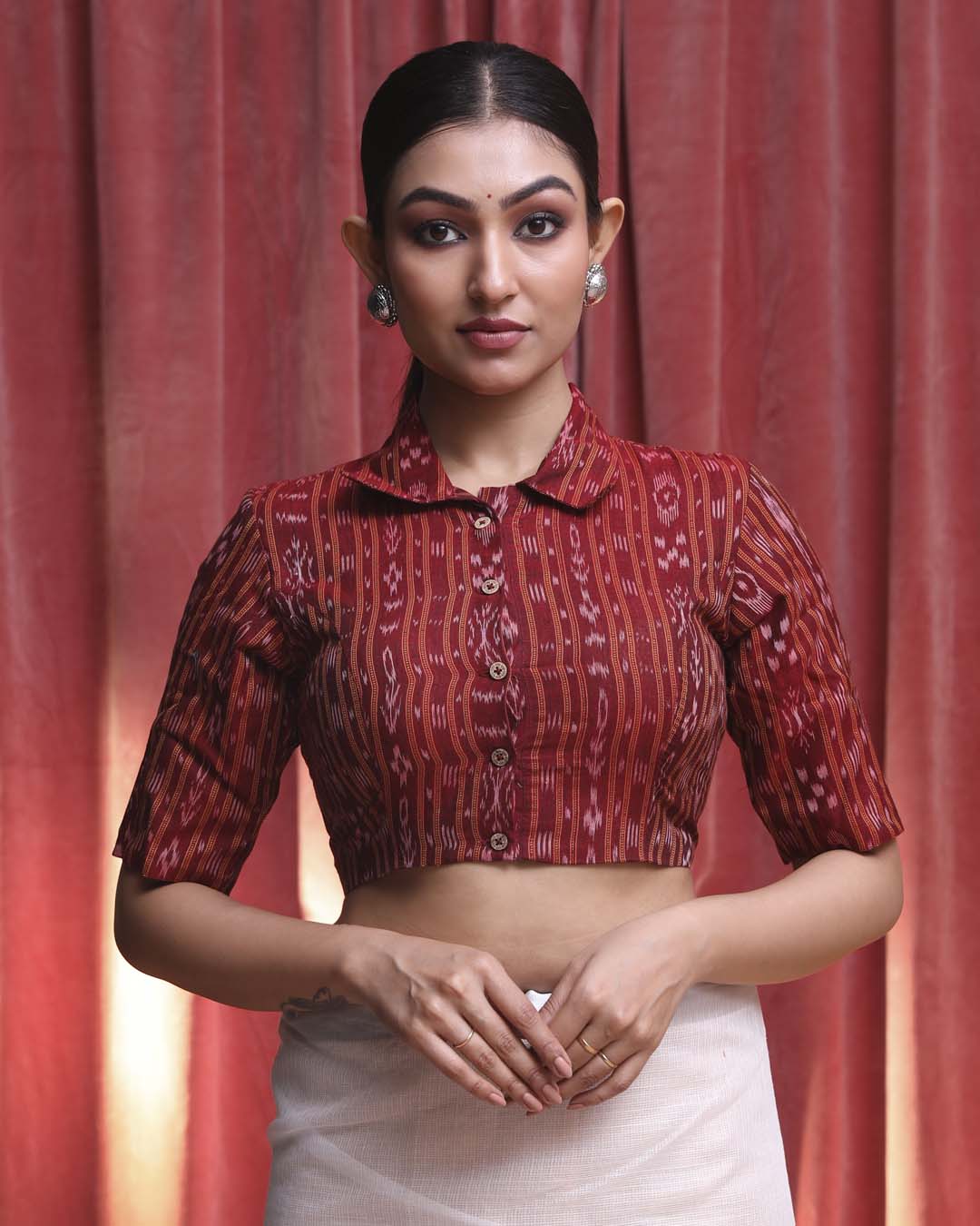 Indethnic Maroon Work  Wear Shirt Collar Short Sleeves Blouse(DESIGNER  SAREE BLOUSE)