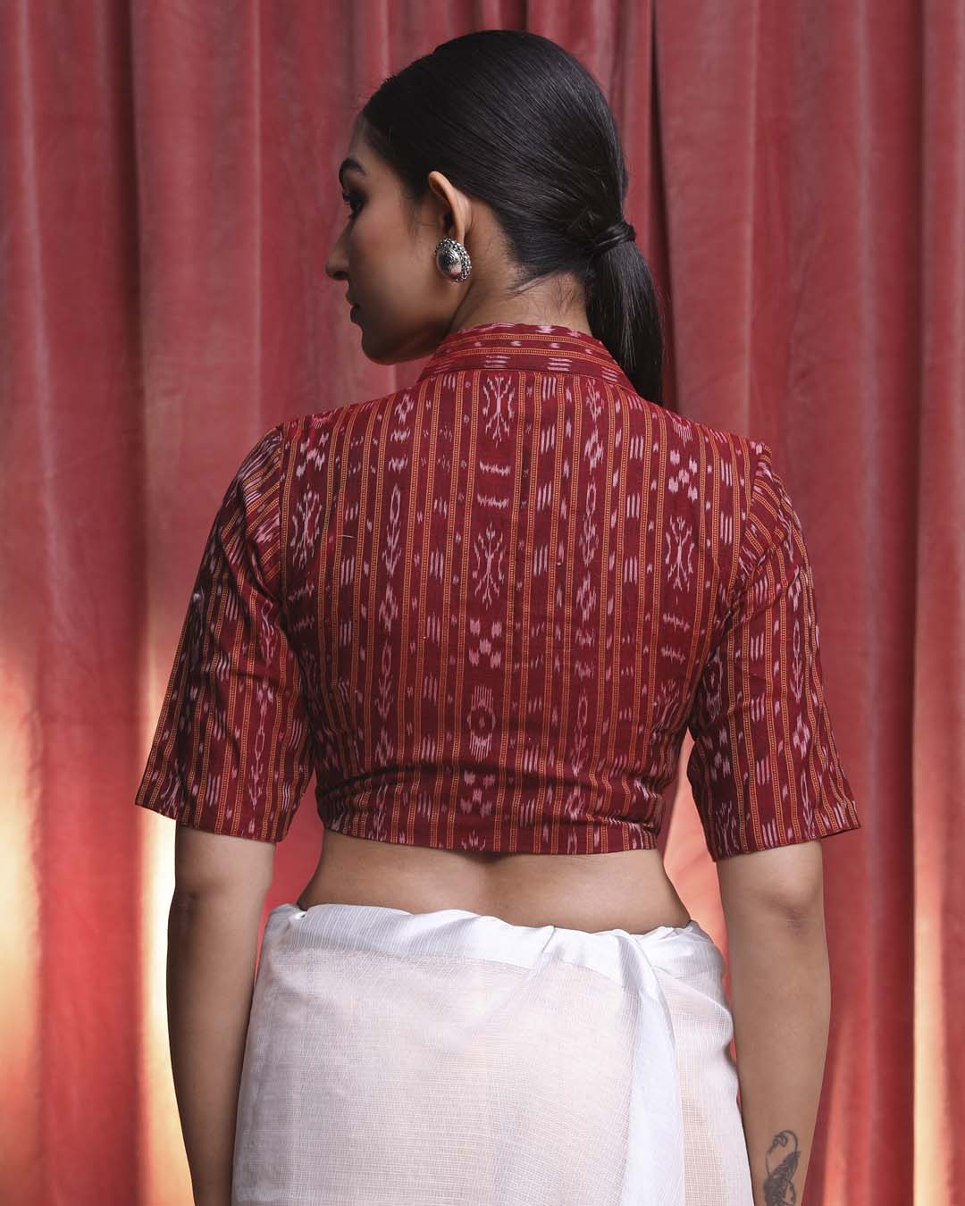 Indethnic Maroon Work  Wear Shirt Collar Short Sleeves Blouse(DESIGNER  SAREE BLOUSE)