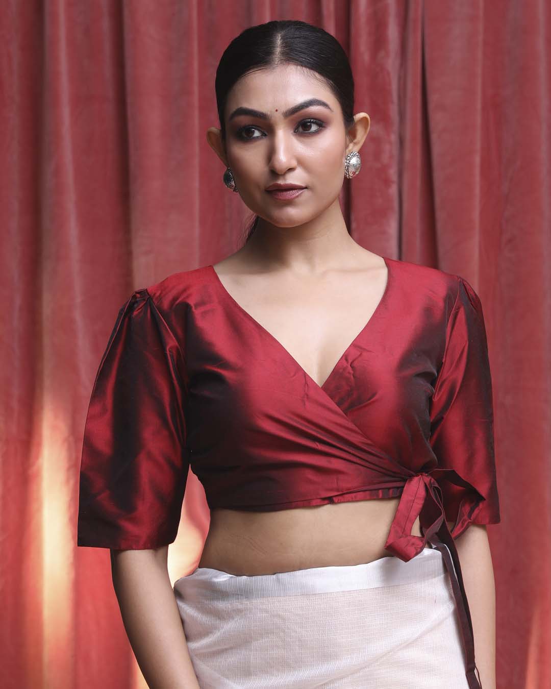 Indethnic Maroon Work  Wear V-Neck Short Sleeves Blouse(DESIGNER  SAREE BLOUSE)