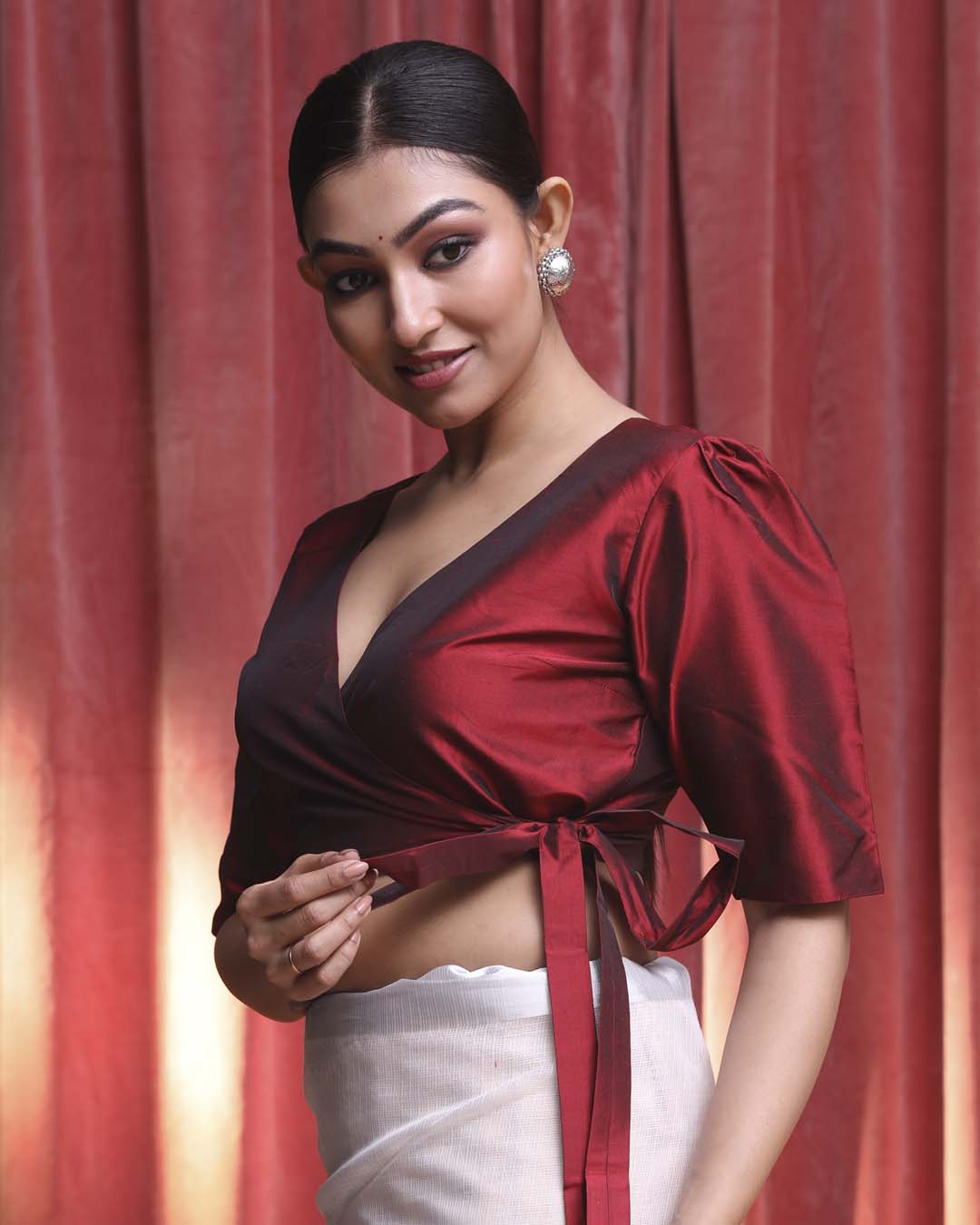 Indethnic Maroon Work  Wear V-Neck Short Sleeves Blouse(DESIGNER  SAREE BLOUSE)