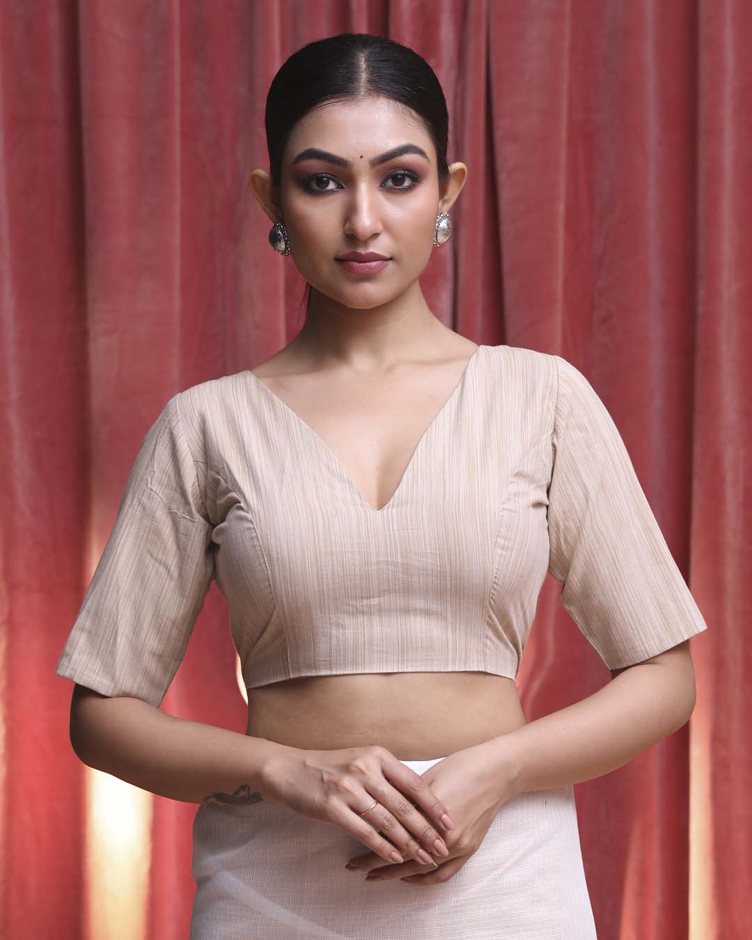 Indethnic Beige Work  Wear V-Neck Short Sleeves Blouse(DESIGNER  SAREE BLOUSE)