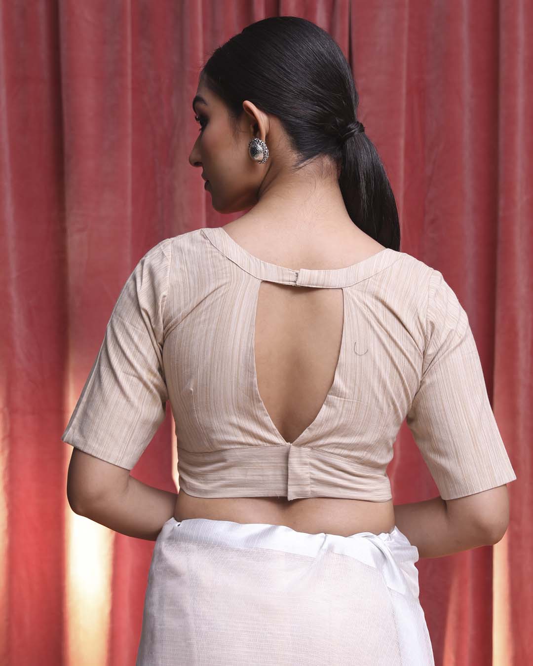 Indethnic Beige Work  Wear V-Neck Short Sleeves Blouse(DESIGNER  SAREE BLOUSE)