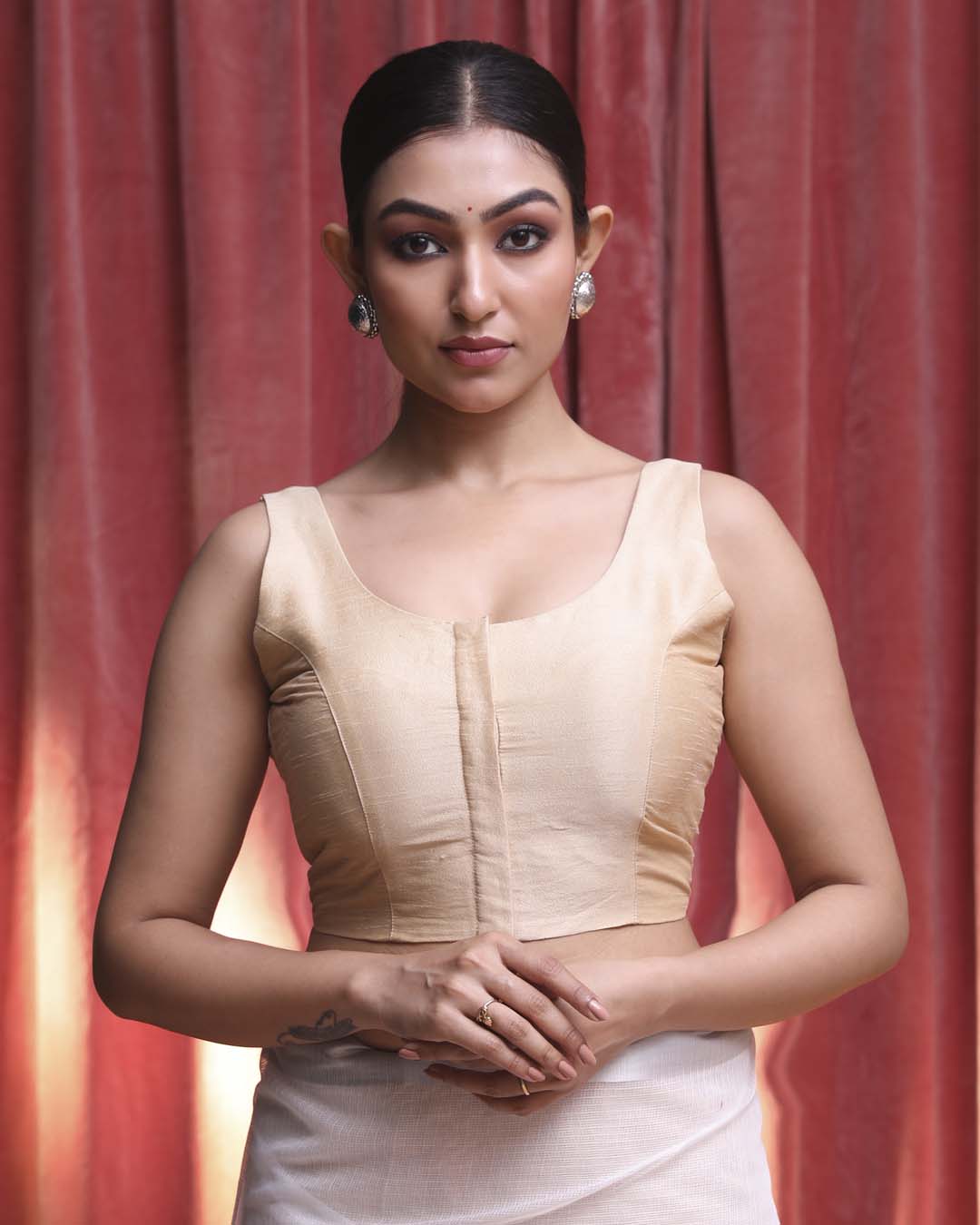 Indethnic Beige Party  Wear U-Neck Sleeveless Blouse(DESIGNER  SAREE BLOUSE)