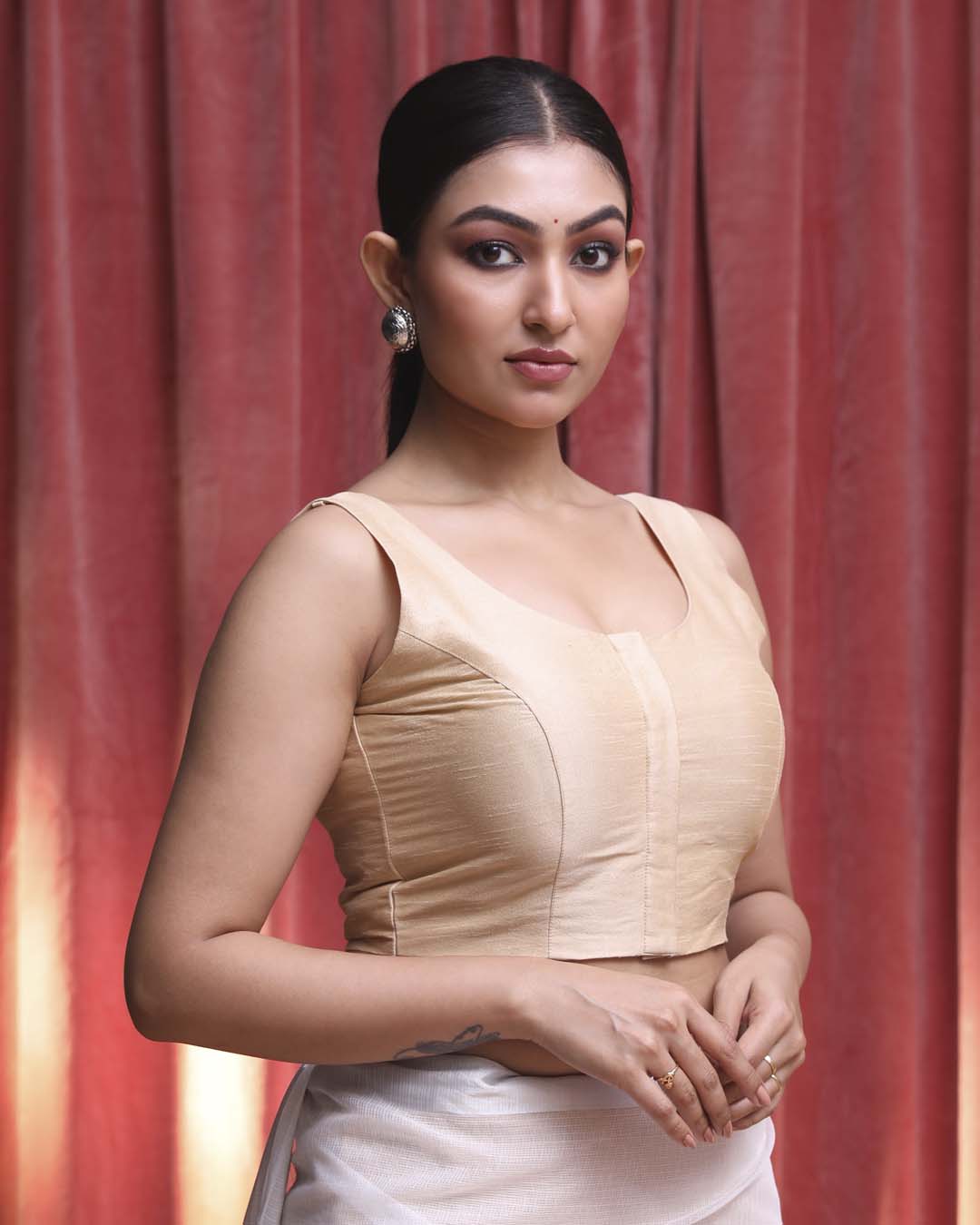 Indethnic Beige Party  Wear U-Neck Sleeveless Blouse(DESIGNER  SAREE BLOUSE)