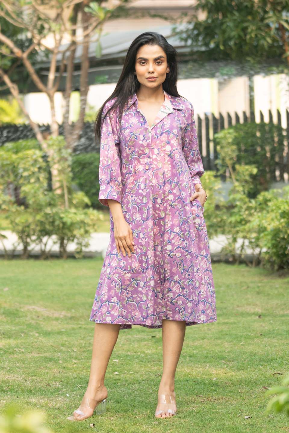Violet Garden — Bagru Block Print Midi Shirt Dress