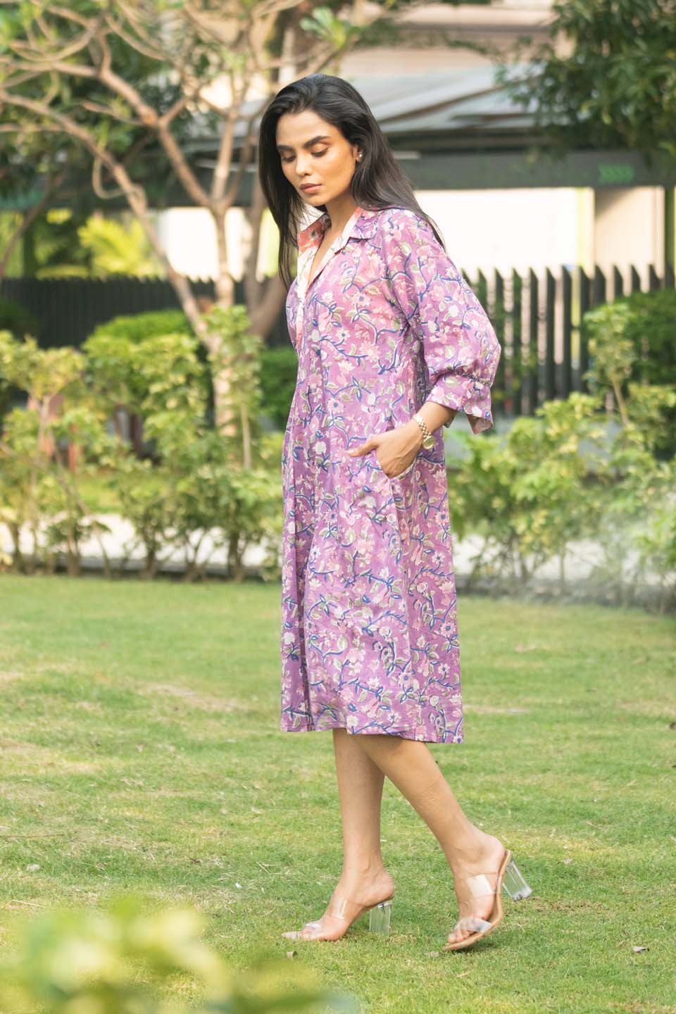 Violet Garden — Bagru Block Print Midi Shirt Dress