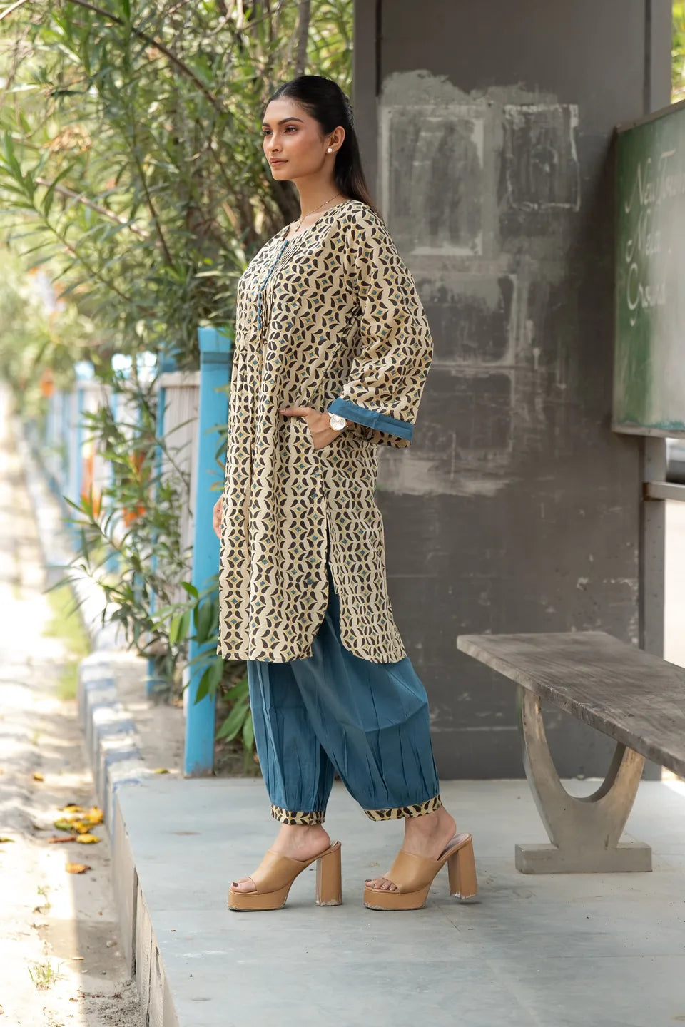 Teal Jaali — Geometric Block Print Cotton Kurti & Harem Set