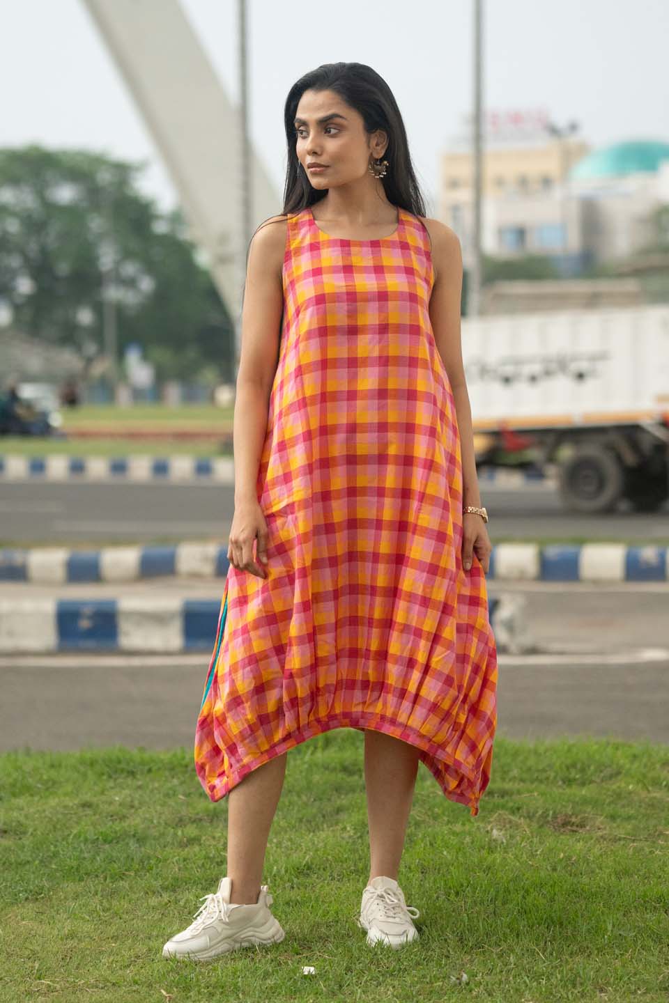 Fiesta Bubble — Handloom Plaid Balloon Dress with Adjustable Hem