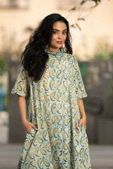 Mist Paisley — Block Print Cotton Kaftan Dress with High-Low Hem
