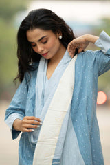 Sky Dot — Cotton Stripe Dress with Dot Shrug and Attached Stole