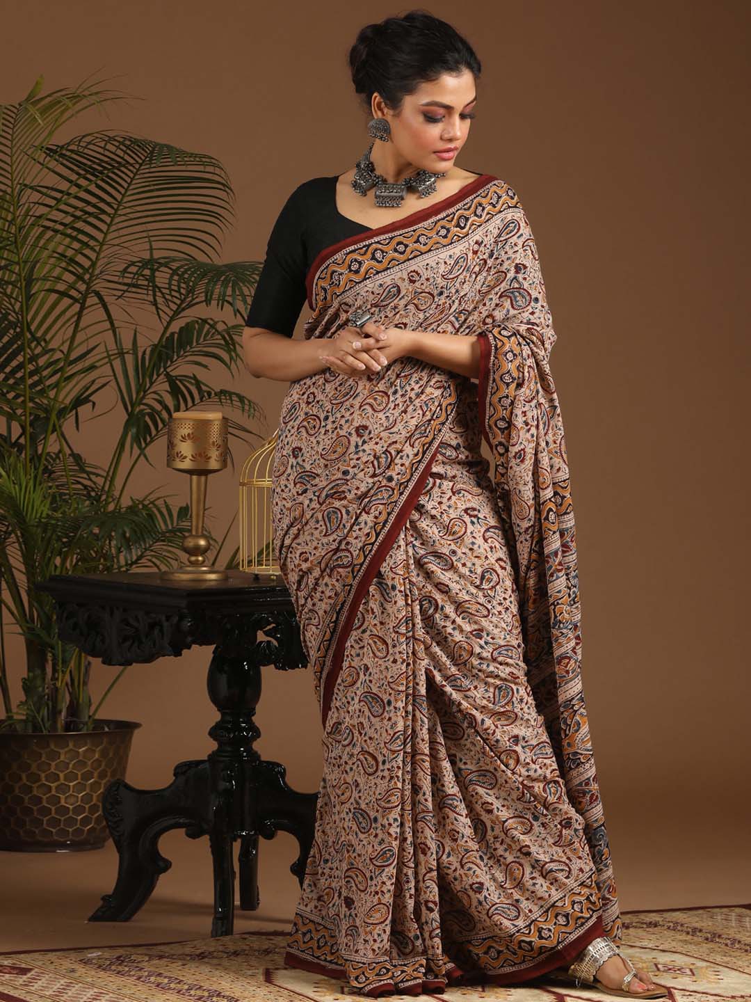 Indethnic Kalamkari Handblock Mulmul Cotton Saree - View 1