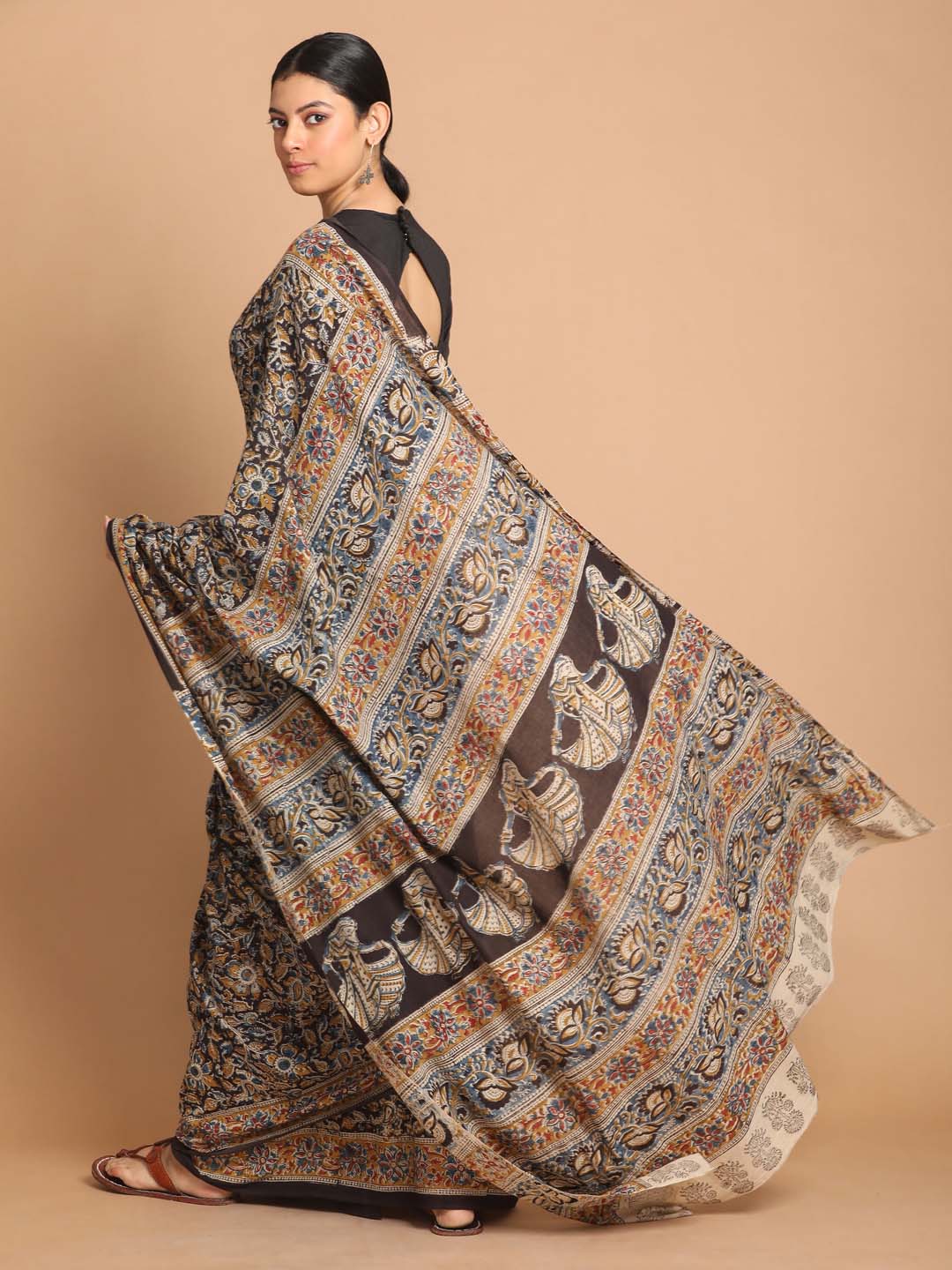 Indethnic Kalamkari Handblock Mulmul Cotton Saree - View 3