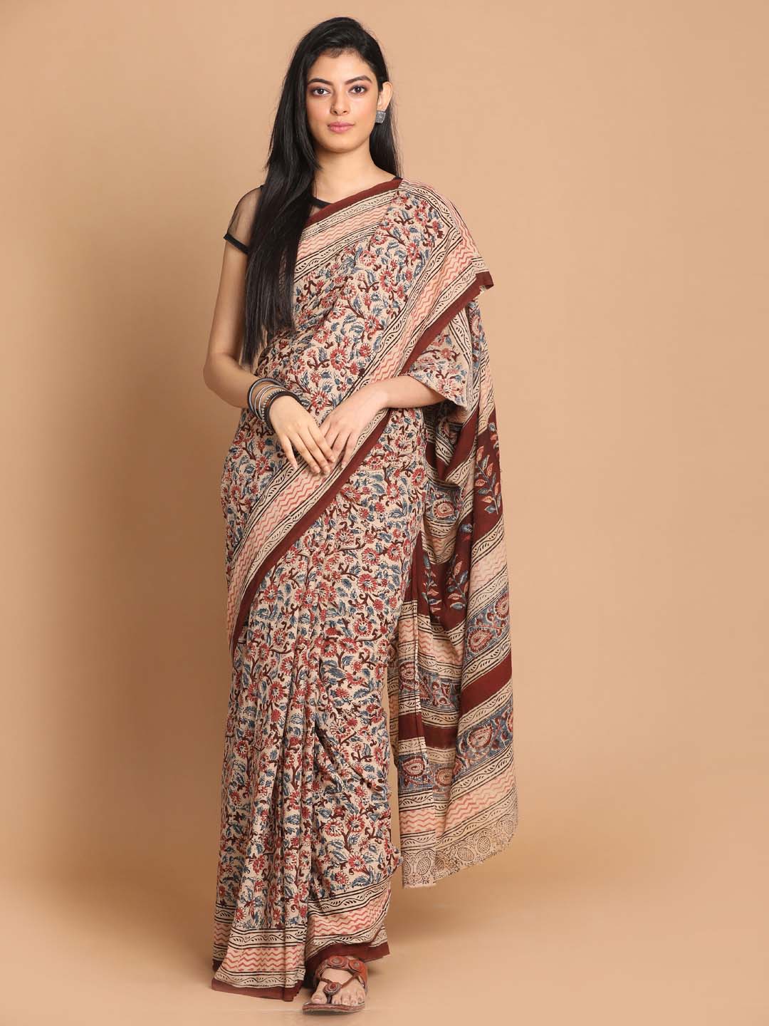 Indethnic Kalamkari Handblock Mulmul Cotton Saree - View 1