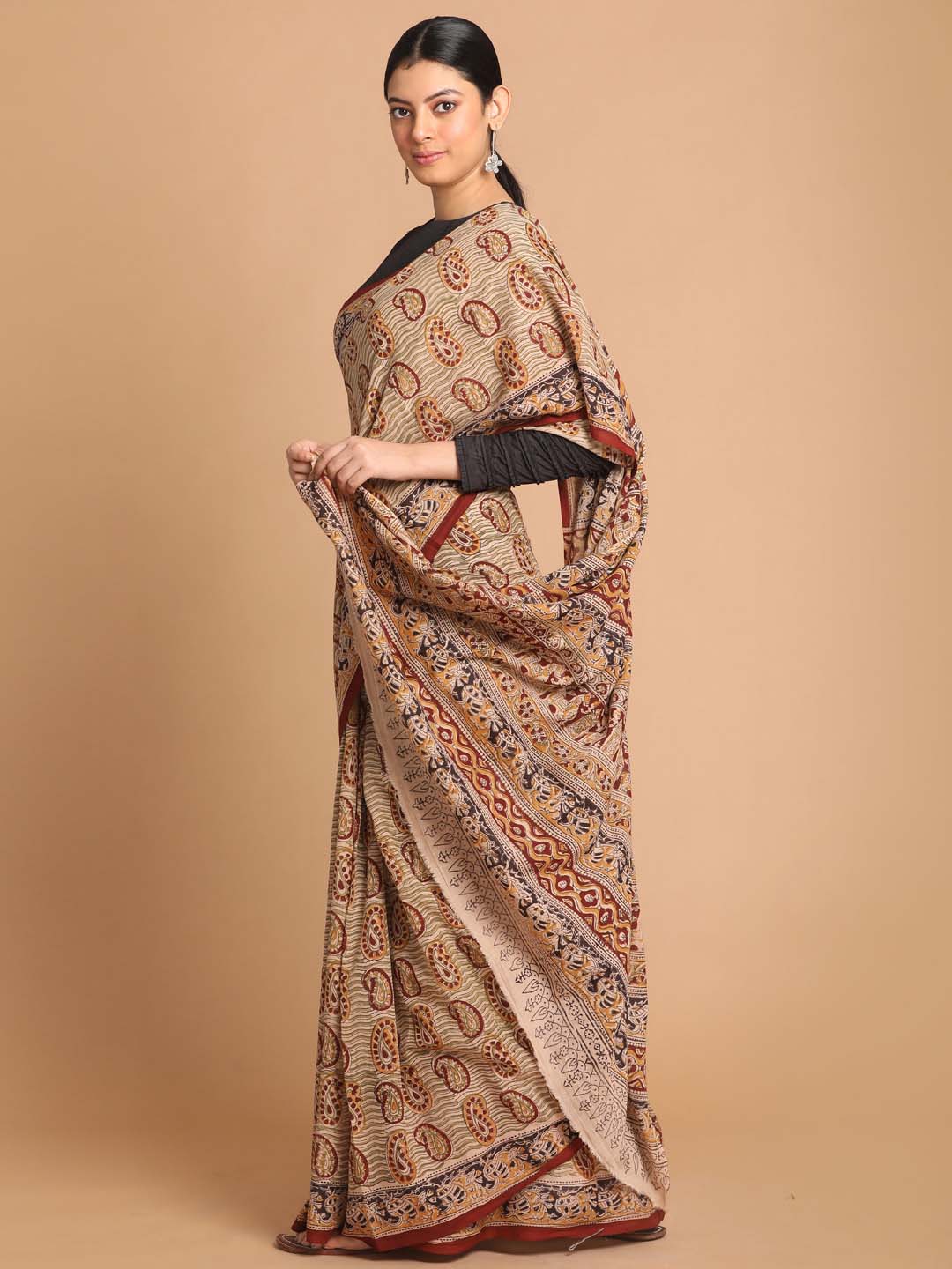 Indethnic Kalamkari Handblock Mulmul Cotton Saree - View 2